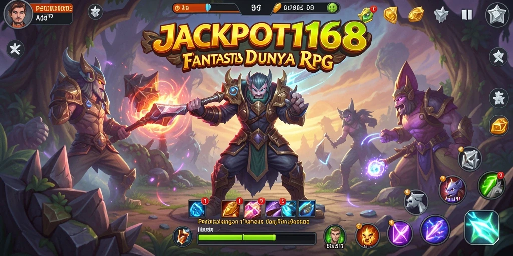 Tangkapan layar <strong>JACKPOT168</strong> menampilkan aksi pertempuran seru dan karakter unik dalam game RPG.