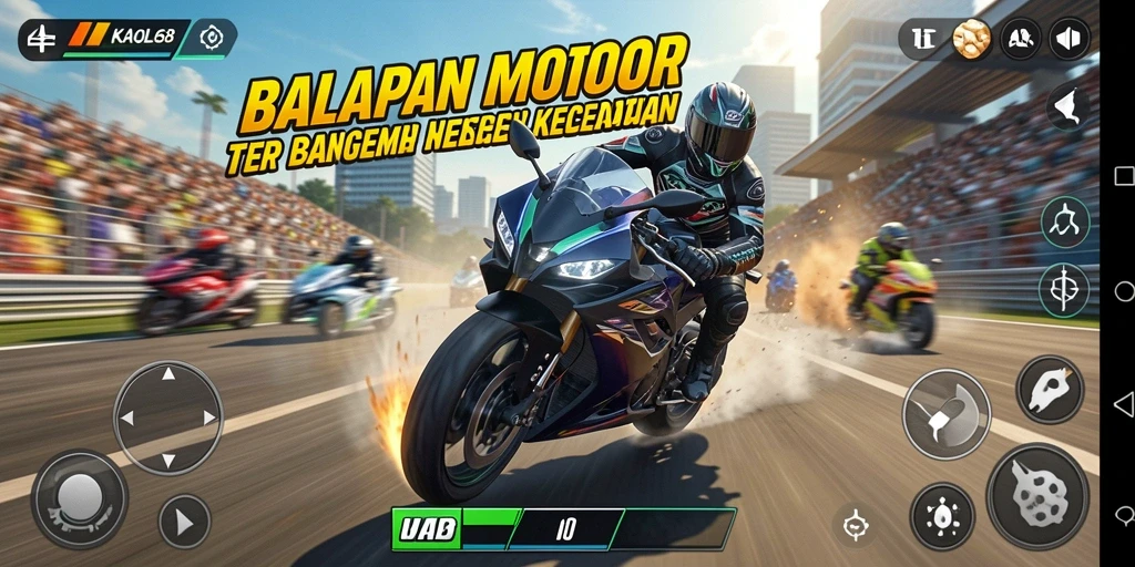 Screenshot KAOL68 menunjukkan balapan mendebarkan di sirkuit yang spektakuler.