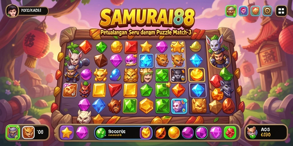 Tampilkan gameplay seru SAMURAI88 dengan pencocokan batu permata.